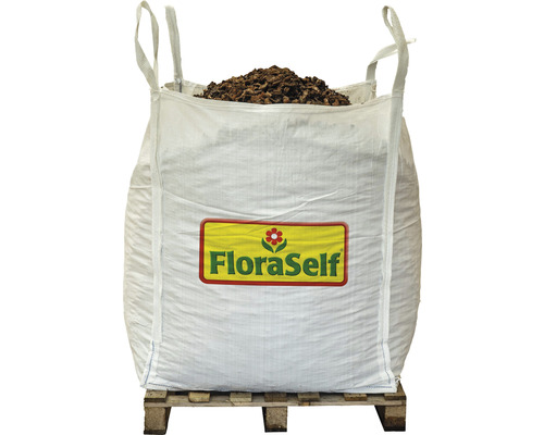FLORASELF Bigbag franse boomschors premium 1 m3 Grote zak potgrond van het merk FloraSelf op een houten pallet