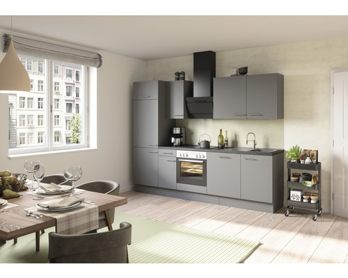 OPTIFIT Keukenblok met apparatuur Mats825 basaltgrijs mat 270x60 cm Lichte keuken met eettafel en grijze keukenkasten