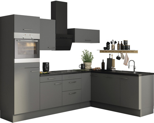 OPTIFIT Hoekkeuken met apparatuur Mats825 basaltgrijs mat 270x200 cm Grijze keuken met inbouwoven, afzuigkap en hangkast