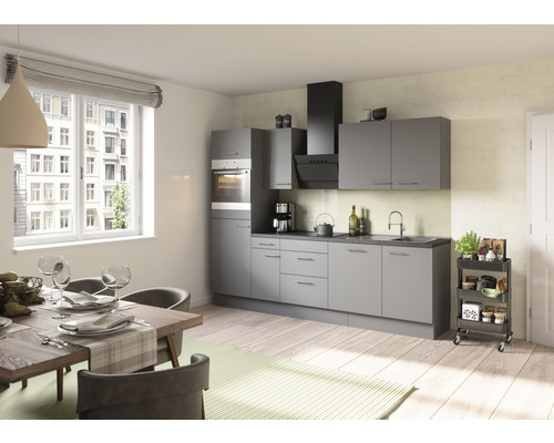 OPTIFIT Keukenblok met apparatuur Mats825 basaltgrijs mat 270x60 cm Moderne grijze keuken met eethoek en houten tafel