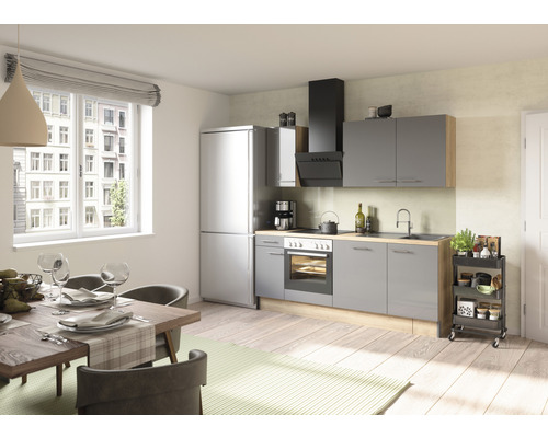 OPTIFIT Keukenblok met apparatuur Jonte984 antraciet mat 210x60 cm Lichte keuken met eettafel, stoelen en grijze keukenopstelling