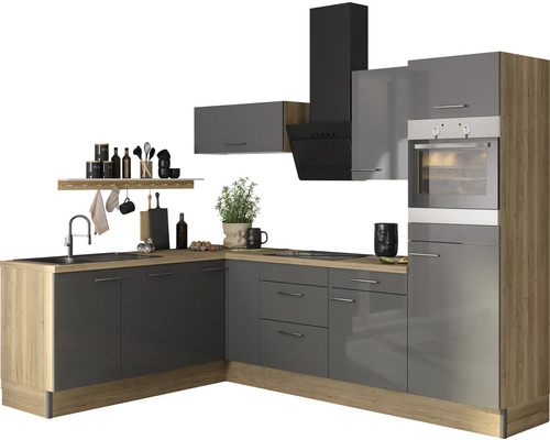 Complete keuken met spoelbak, kookplaat, afzuigkap en ingebouwde oven in grijsbruin ontwerp