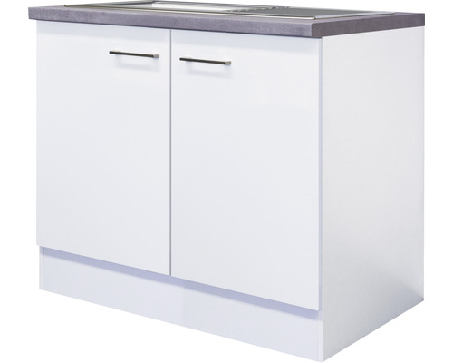 FLEX WELL Spoelblok inclusief spoelbak en aanrecht Varo wit 100x60x86 cm Spoelbak met twee witte kastdeuren en een grijs werkblad