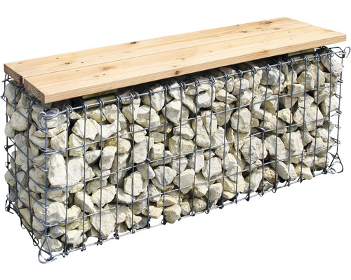 Gabionenbank met stenen en houten blad