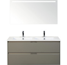 Wastafelmeubel met twee wastafels, onderkast met twee lades en spiegel met verlichting