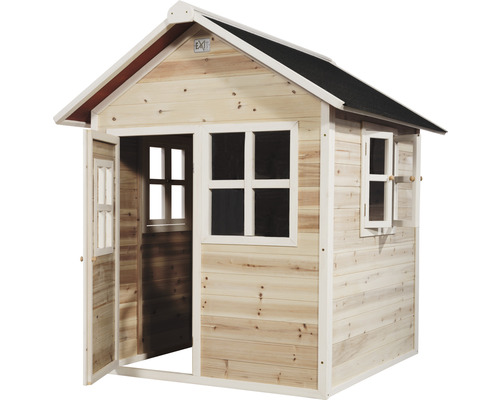 Houten speelhuis met ramen en deur