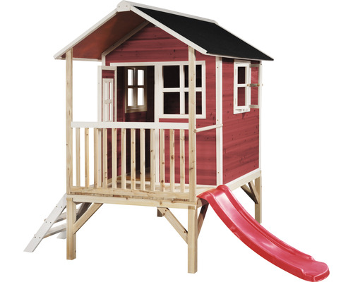 Houten speelhuis met glijbaan en trap voor de tuin