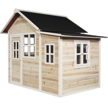 Houten speelhuis met ramen en deur