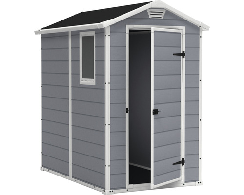 Tuinhuis met raam en openstaande dubbele deur