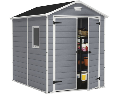 Grijs tuinhuis met openstaande dubbele deuren en raam