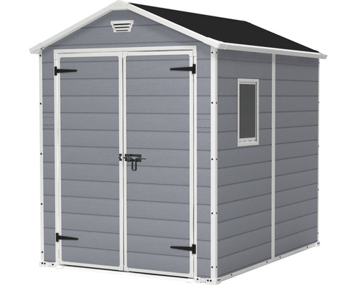 Grijze gereedschapsschuur met raam en dubbele deur