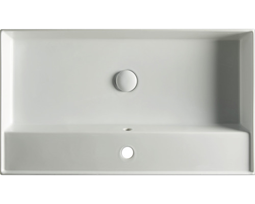 Bovenaanzicht van een rechthoekige wastafel van keramiek met afvoerstop