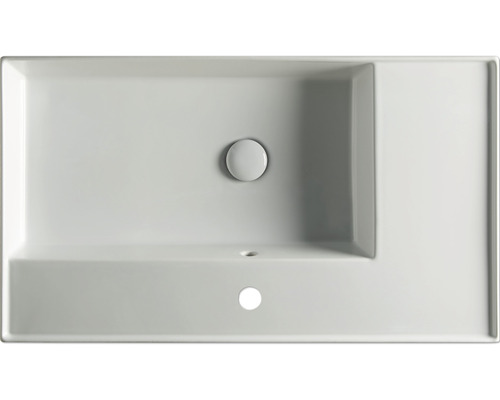 Bovenaanzicht van een rechthoekige wastafel van keramiek met kraanbank en overloop