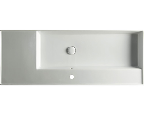 Wastafel van keramiek met overloop en kraangat