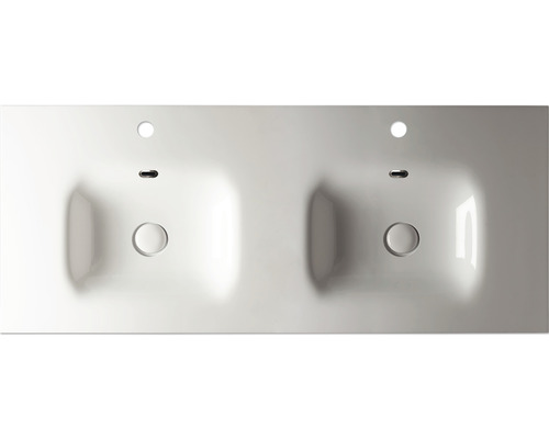 Bovenaanzicht van een dubbele wastafel van keramiek