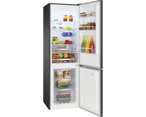 Geopende koelkast met vriesvak, gevuld met etenswaren