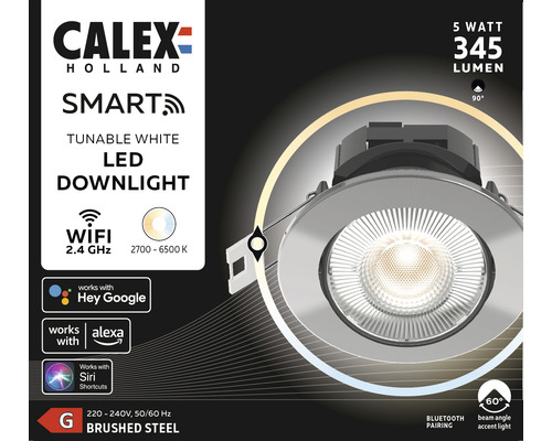 Calex LED inbouwspot met instelbare witte tint, vijf watt vermogen en geborstelde stalen behuizing