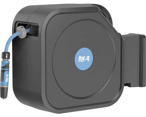 Oprolbare slangenbox met tuinslang en for.q logo