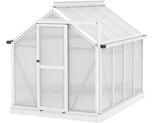 Kweekkas met open deur en doorschijnende wanden