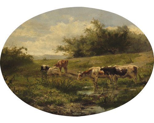 Schilderij canvas ovaal Koeien langs het water 50x70 cm