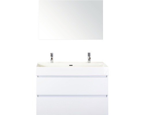 SANOX Badkamermeubelset Maxx XL met spiegel en wastafel 101 cm wit Wastafel met twee waskommen, onderkast en spiegel voor de badkamer