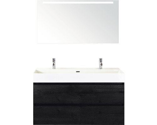 Wastafelmeubel met twee waskommen, onderkast en LED spiegel voor de badkamer