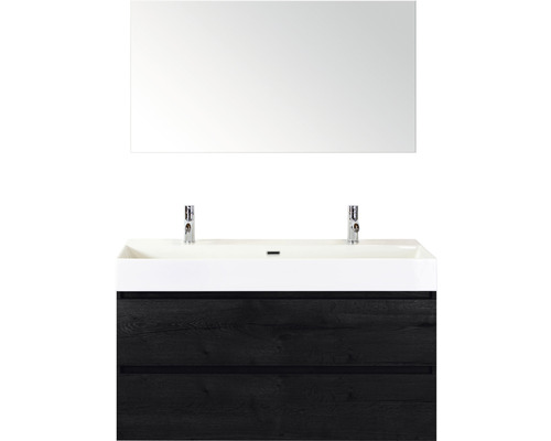 SANOX Badkamermeubelset greeploos Maxx XL met spiegel en wastafel met twee kraangaten 121 cm black oak Wastafelcombinatie met spiegel, onderkast en twee kranen