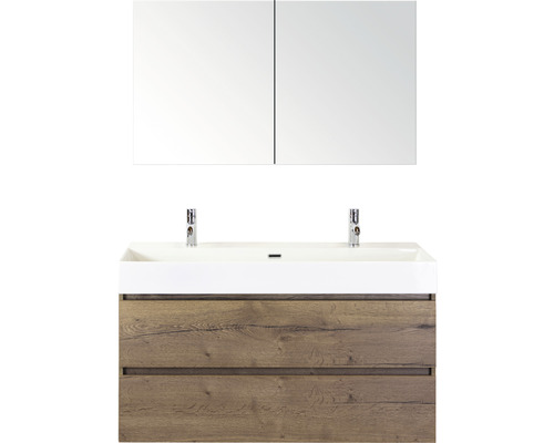 SANOX Badkamermeubelset greeploos Maxx XL met spiegelkast en wastafel met twee kraangaten 121 cm tabacco Badkamermeubelset met wastafel, wastafelonderkast en spiegelkast