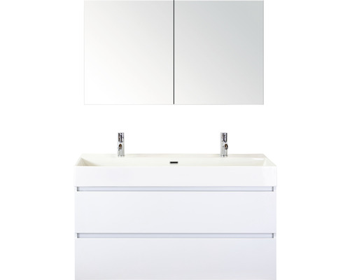 SANOX Badkamermeubelset greeploos Maxx XL met spiegelkast en wastafel met twee kraangaten 121 cm wit Witte wastafel met twee lades, twee kranen en spiegelkast