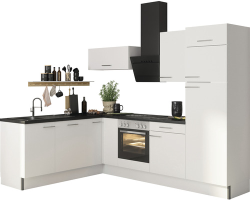 OPTIFIT Hoekkeuken met apparatuur Bengt932 wit mat 270x60 cm Keukenblok met spoelbak, kookplaat, oven en afzuigkap