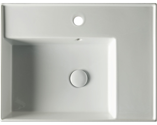 Bovenaanzicht van een rechthoekige keramische wastafel met overloop