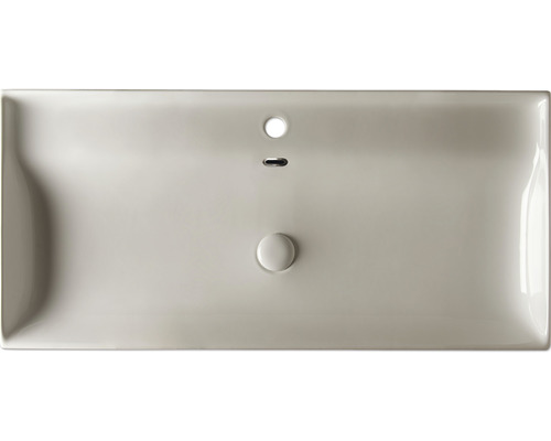 Bovenaanzicht van een wastafel met overloop en afvoer.