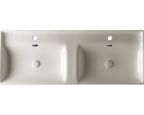 Dubbele wastafel van keramiek met twee kraangaten en overloop