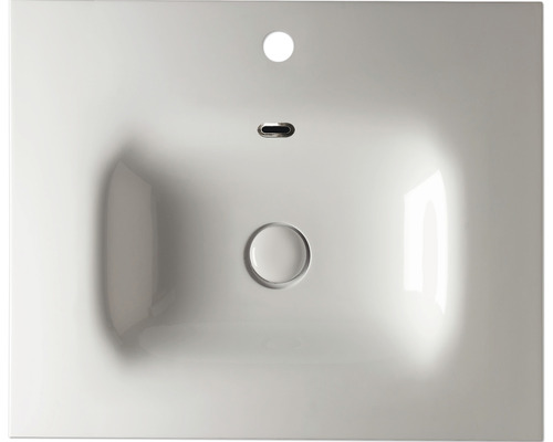 Wastafel van keramiek met overloop, kraangat en afvoer