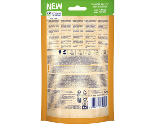 Achterkant van de Vita Kraft Rabbit hondensnackverpakking met informatie over ingrediënten en voedingsadviezen.