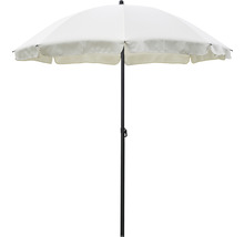 Open, ronde parasol met stoffen scherm en zwarte standaard