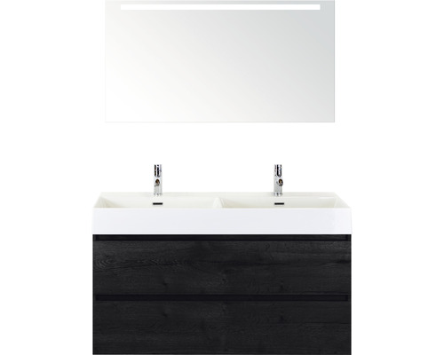 SANOX Badkamermeubelset greeploos Maxx XL met spiegelkast met verlichting en dubbele wastafel met twee kraangaten 121 cm black oak SANOX Badkamermeubelset greeploos Maxx XL met spiegelkast met verlichting en dubbele wastafel met twee kraangaten 121 cm black oak