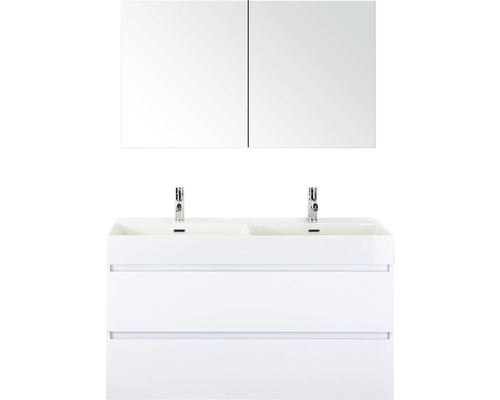 Badkamermeubelset Maxx XL 120 cm dubbele wastafel 2 kraangaten incl. spiegelkast dubbelzijdig gespiegeld wit hoogglans