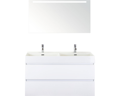 Badkamermeubelset Maxx XL 120 cm dubbele wastafel 2 kraangaten incl. spiegel met verlichting wit hoogglans
