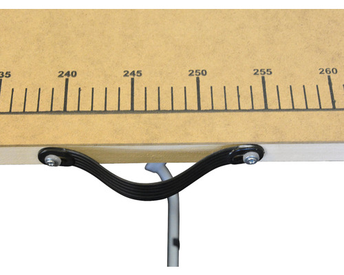 Detail van een werkbank met maataanduiding en bevestigingsmiddelen