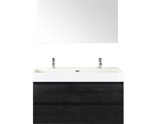 Wastafelmeubel met dubbele wasbak, spiegel en onderkast met lades