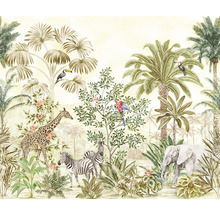 Junglebehang met olifant, giraffe, zebra''s, toekans, papegaaien en palmen