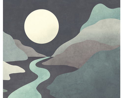 KOMAR Fotobehang vlies IF4-078 Infinity 2 Moonlight Monumental 400x250 cm Illustratie van een maanlandschap met bergen en een rivier