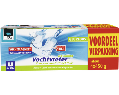 BISON Vochtvreter vochtmagneet navulling neutraal 450 g 4 stuks Bison Vochtvreter navulverpakking, 4 x 450 gram, voor vochtbestrijding