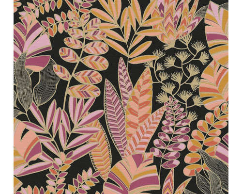 A.S. CRÉATION Vliesbehang 39095-3 Antigua bladeren glanzend zwart/roze Tropisch blad behangpatroon met plantmotieven.