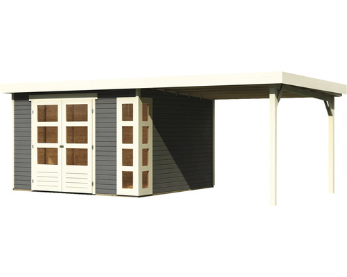 Houten tuinhuis met dubbele deur en zijdelingse carport