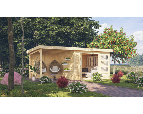 KARIBU Tuinhuis Naomi 6 met overkapping 2,4 m onbehandeld vurenhout 558 x 331 cm KARIBU Tuinhuis Naomi 6 met overkapping 2,4 m onbehandeld vurenhout 558 x 331 cm