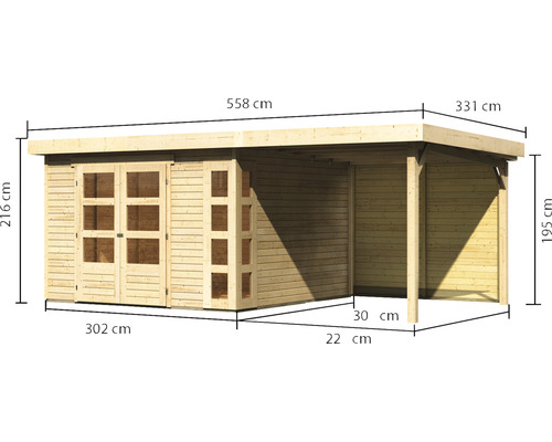 Houten tuinhuis met plat dak en maataanduidingen