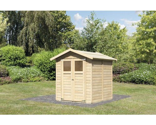 Houten tuinhuis met dubbele deur in de tuin