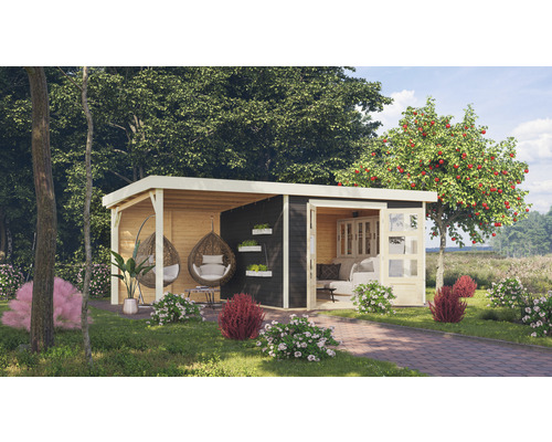 KARIBU Tuinhuis Naomi 6 met overkapping 2,4 m vurenhout grijs 558 x 331 cm Houten tuinhuis met overdekt terras en zitjes in de tuin
